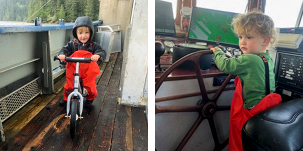 Burning off toddler energy on a fish boat.