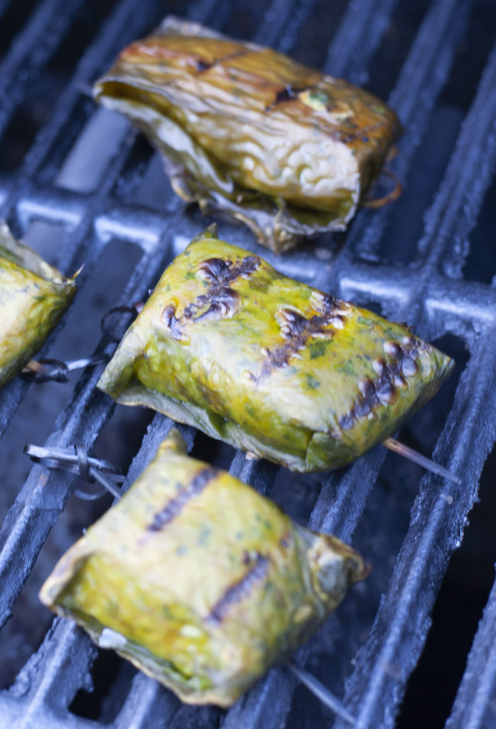 salmon wrapped in kelp on grill