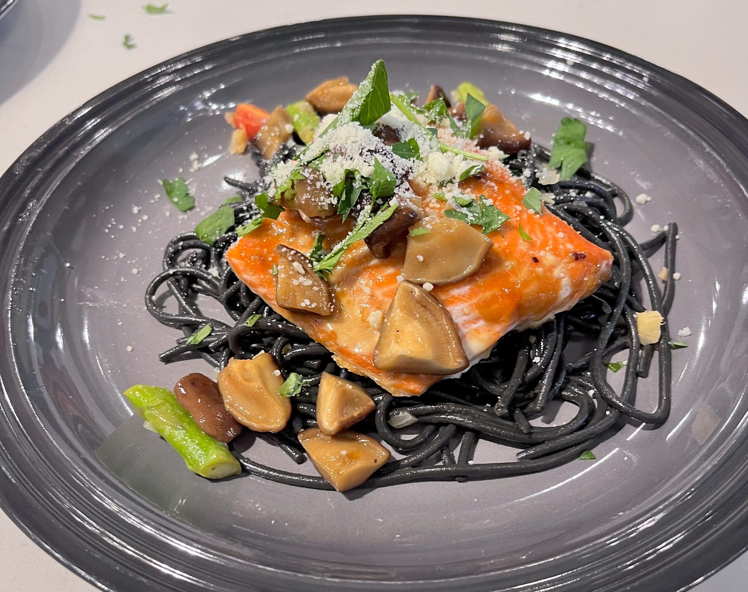 Miso-Glazed Salmon with Black Pasta and Shiitake Mushrooms