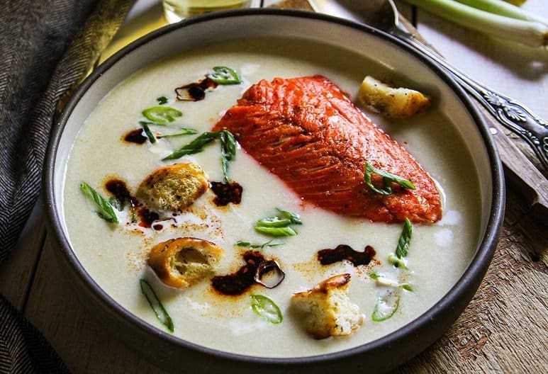 Potato Leek Soup with Roasted Sockeye Salmon