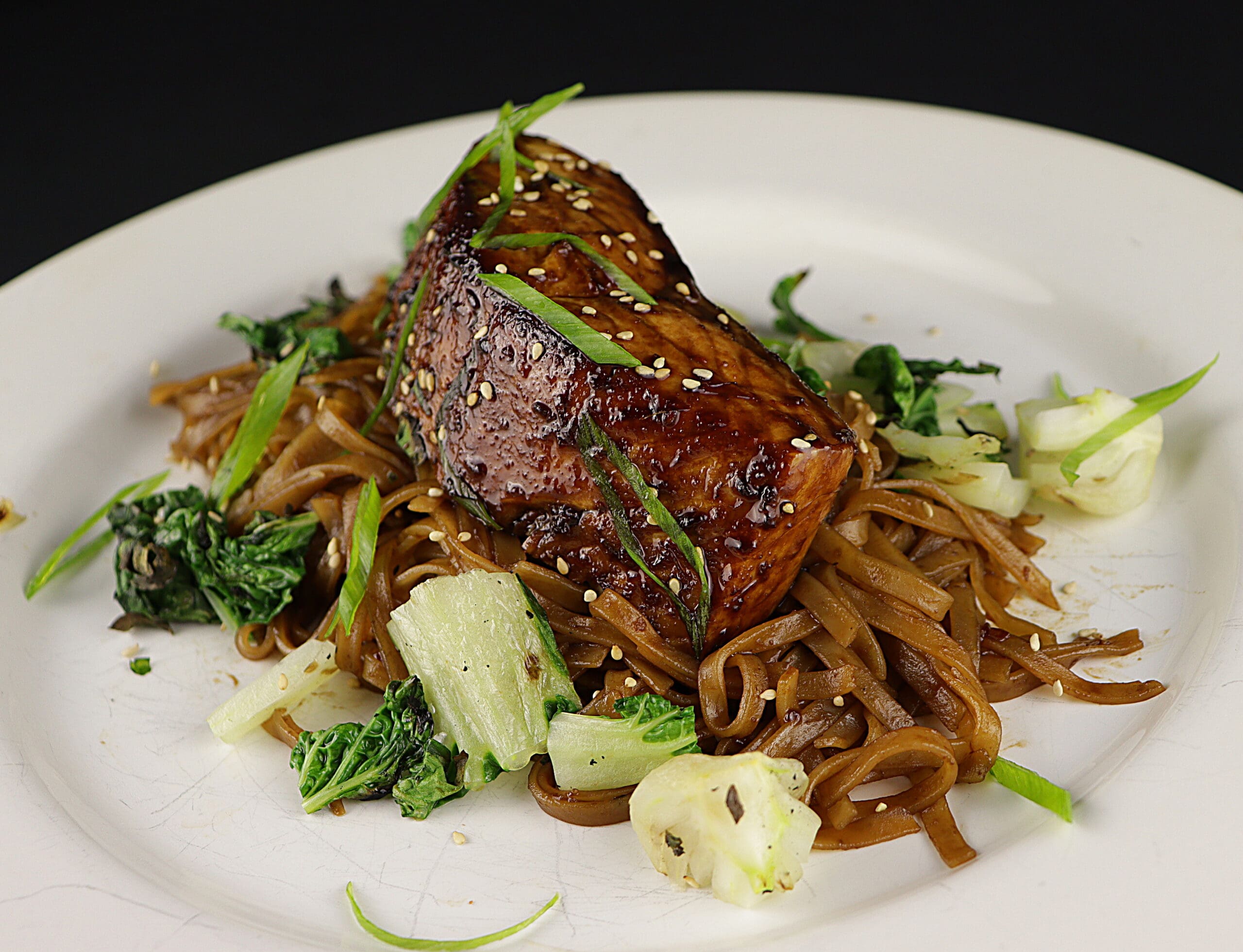 Asian-Inspired Salmon with Rice Noodles and Bok Choy