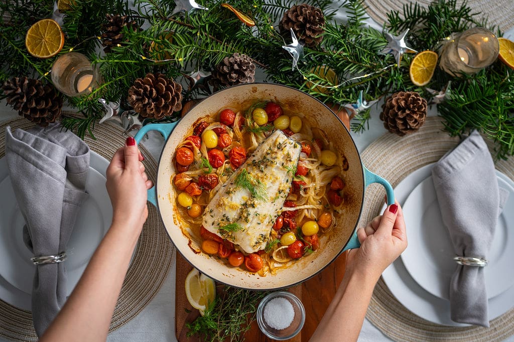 Baked lingcod with blistered cherry tomatoes and fennel.