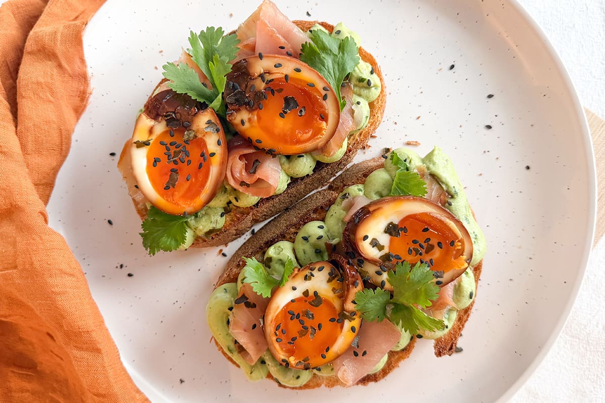 Soy-marinated eggs, smoked tuna lox,